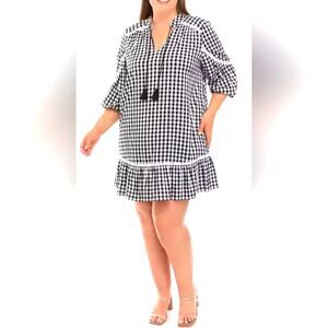 Crown and Ivy Plus Size Black/ White Checkered 3/4 Sleeve Peasant DRESS, Size 3X